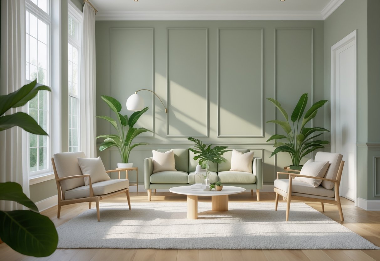 A living room with walls painted in muted sage green, natural light, neutral furniture, and green plants.