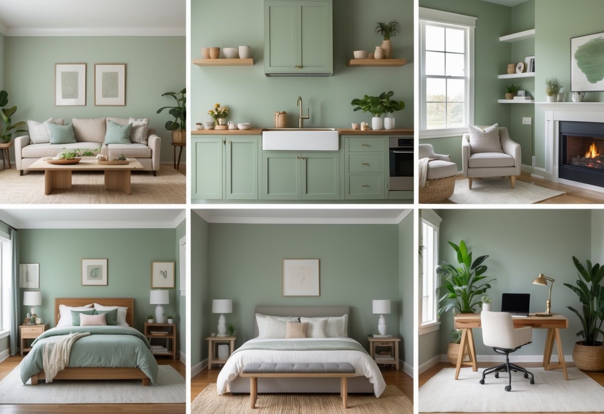 A collage of different rooms painted in muted sage green, including a living room, kitchen, bedroom, and home office, each decorated with furniture and plants.