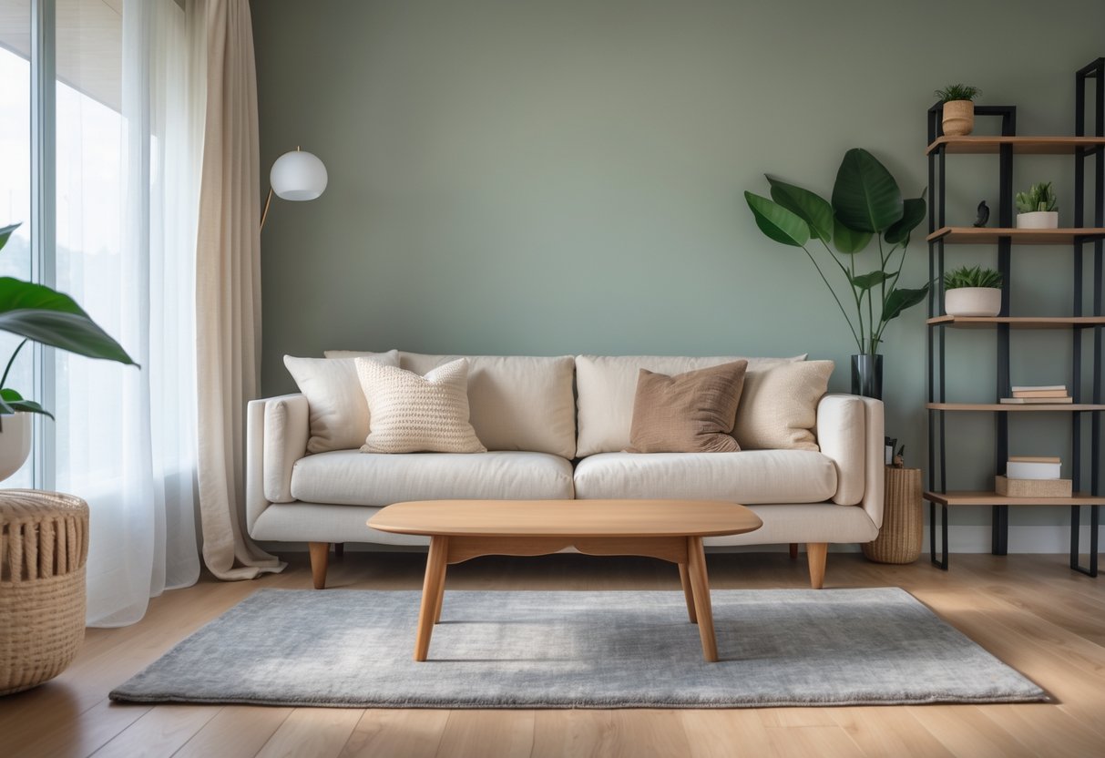A living room with muted sage green walls, a beige sofa, wooden coffee table, neutral throw pillows, a gray rug, and a bookshelf with plants and books near large windows.